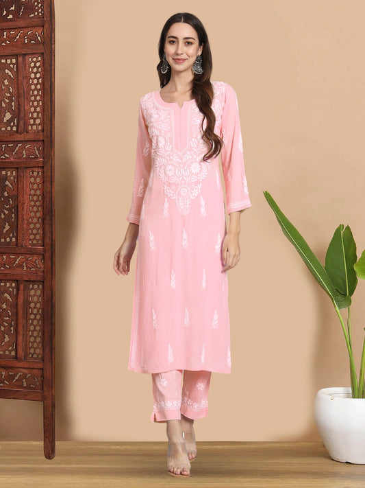 Women Hand Embroidered Chikankari Rayon Kurta set-AL3451KS Peach