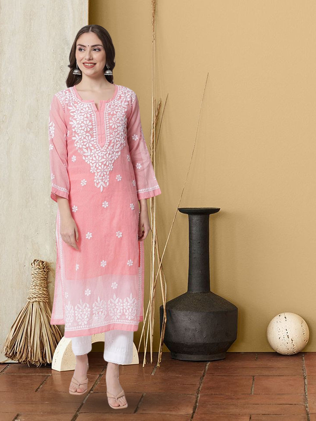 Hand Embroidered Chikankari Kota Straight Kurta With Slip-AL3540 Coral