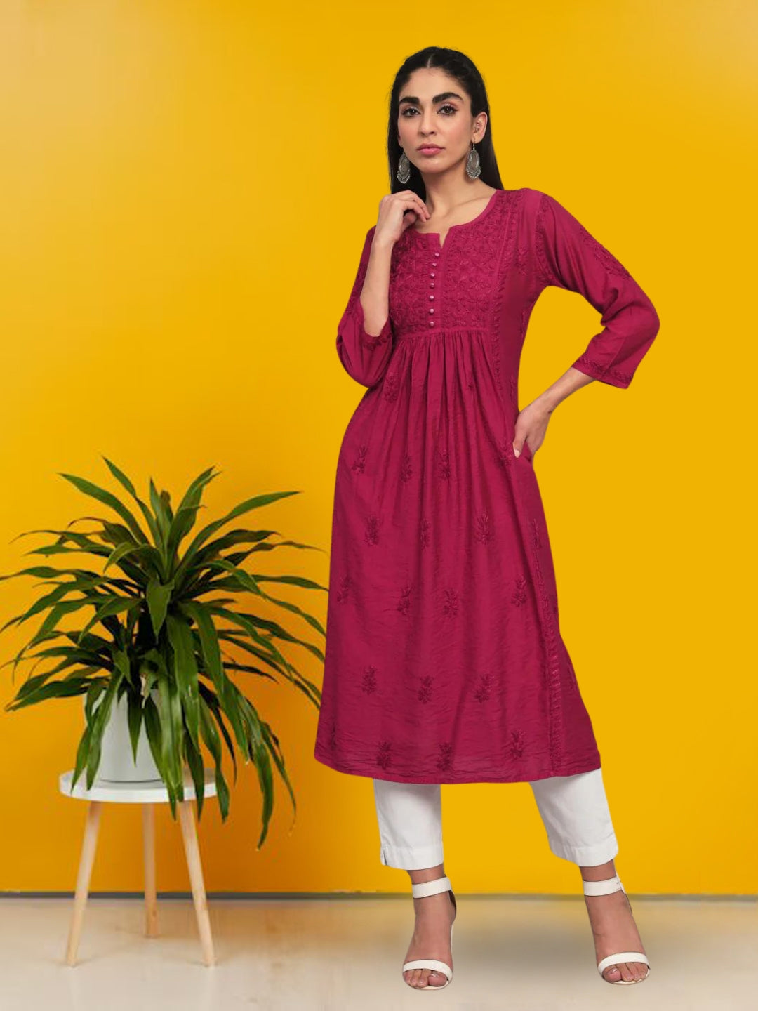 Hand embroidered floral pleated chikankari kurta AL3608 Burgundy