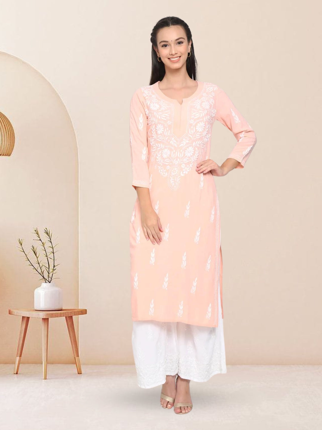 Hand Embroidered Chikankari Rayon Straight Kurta-AL3451 Peach