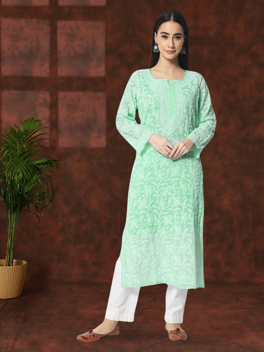 Women Hand Embroidered Chikankari Cotton Straight Kurta- AL3592 Darkseagreen