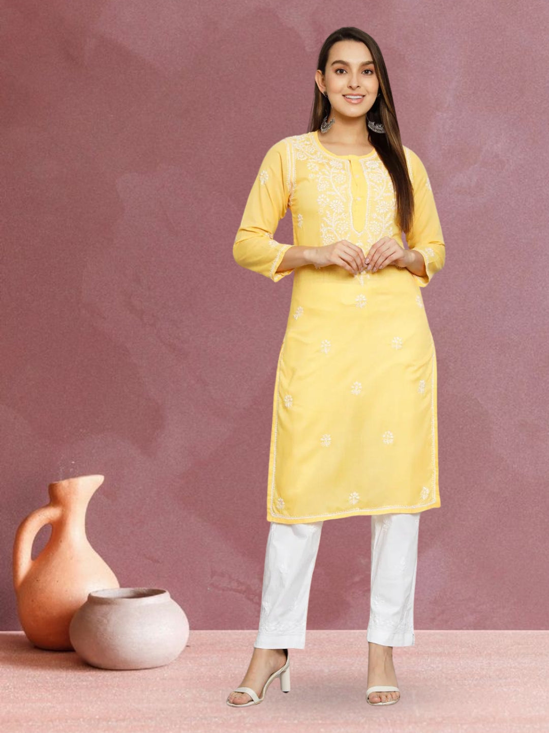 Hand Embroidered Chikankari Cotton Straight Kurta -ALNTV115 Yellow