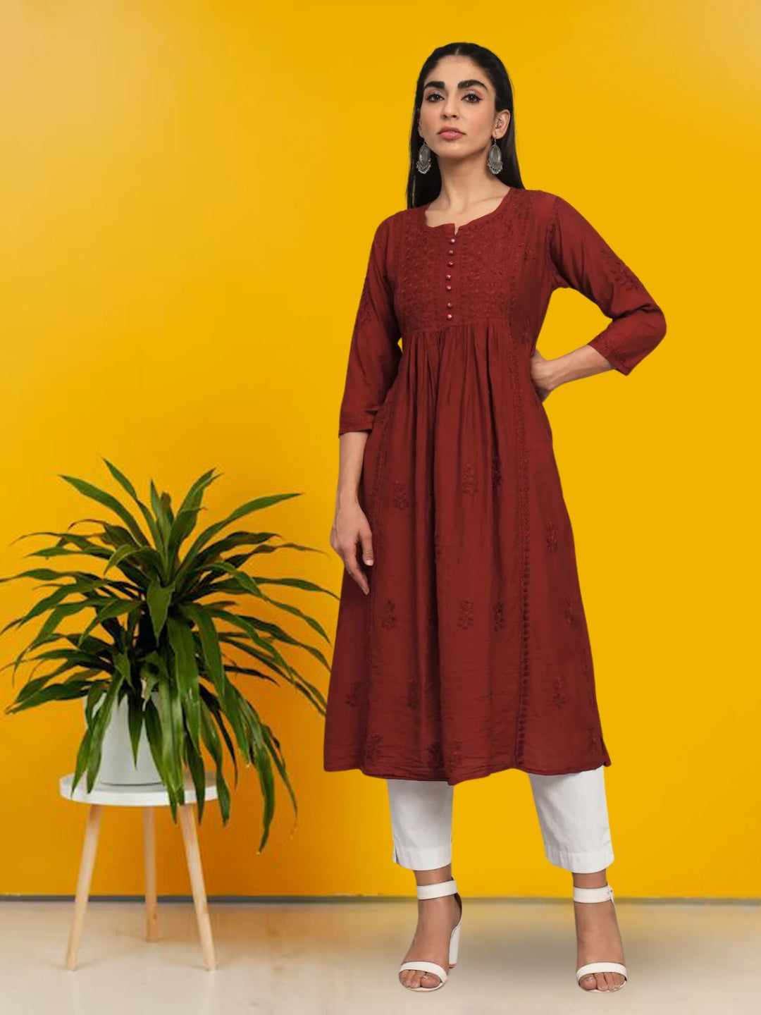 Hand embroidered floral pleated chikankari kurta AL3608 Brown