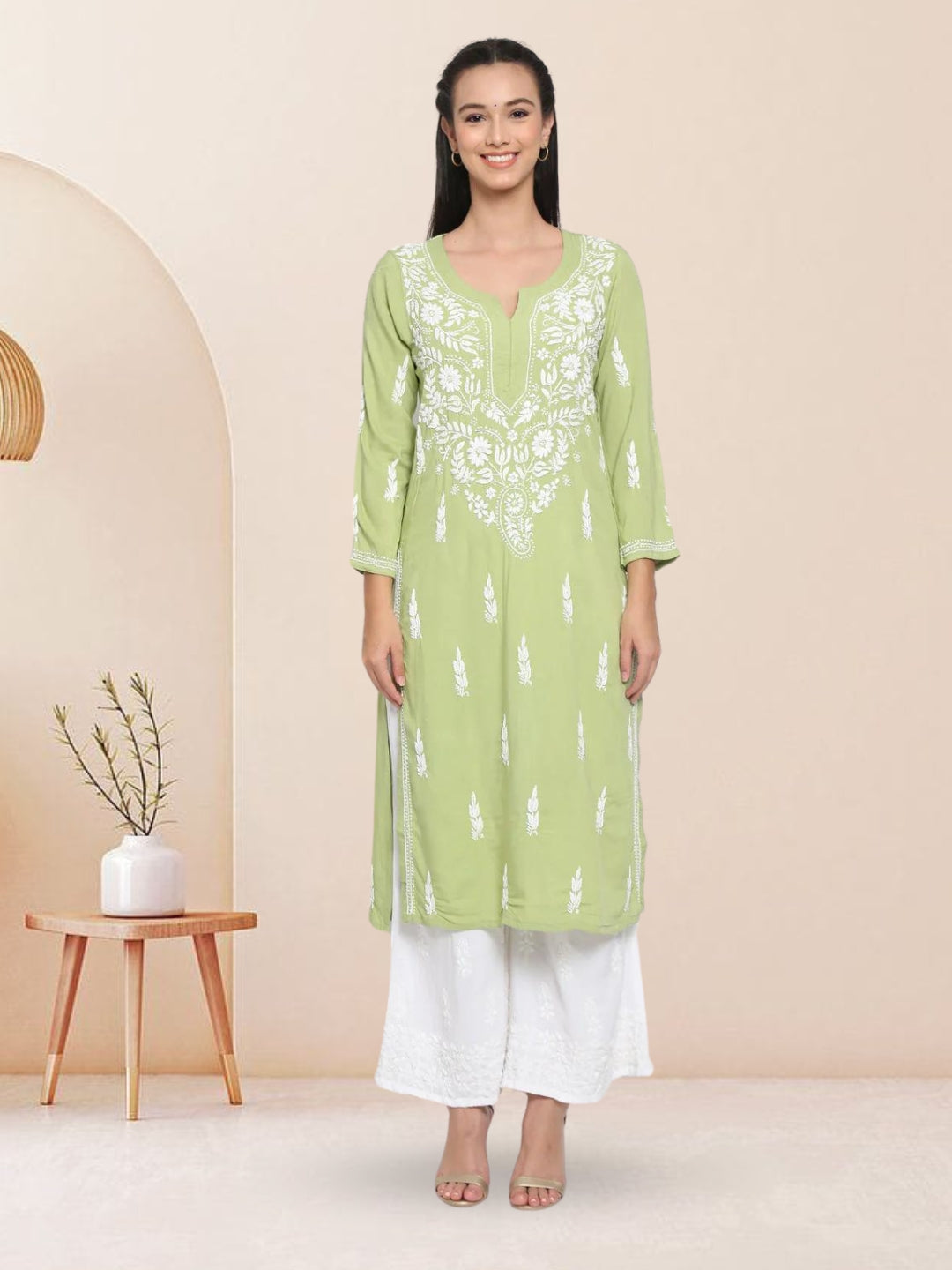 Hand Embroidered Chikankari Rayon Straight Kurta-AL3451 Green
