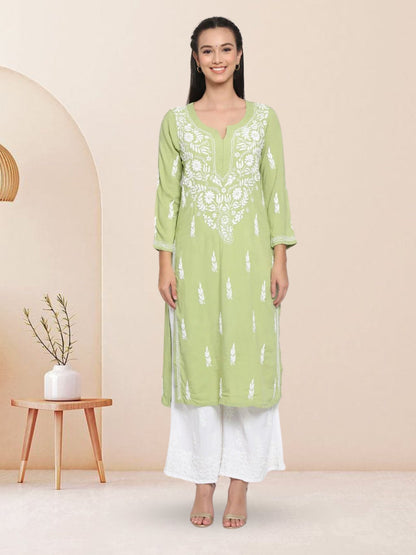 Hand Embroidered Chikankari Rayon Straight Kurta-AL3451 Green