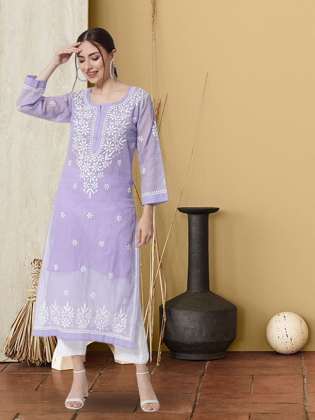 Hand Embroidered Chikankari Kota Straight Kurta With Slip-AL3540 Mauve