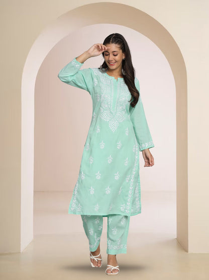 Women Hand Embroidered Chikankari Cotton Kurta Set-AL3674KS Seagreen
