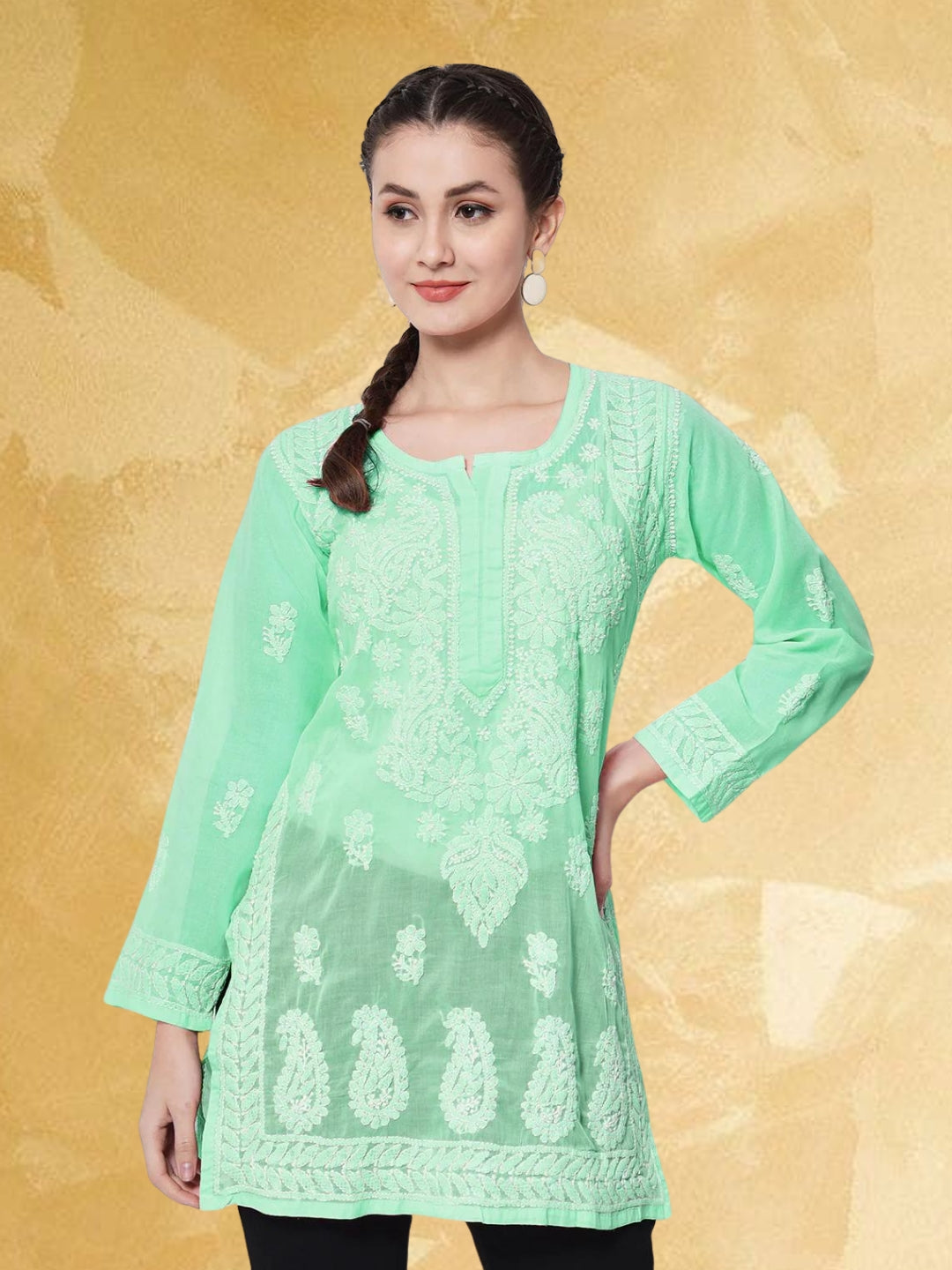 Hand Embroidered Chikankari Cotton Straight Short Kurti-AL3595 Green