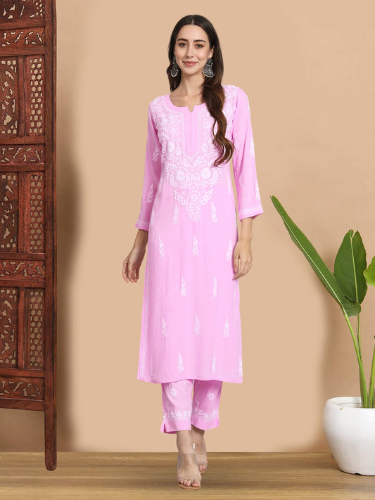 Women Hand Embroidered Chikankari Rayon Kurta set-AL3451KS Pink