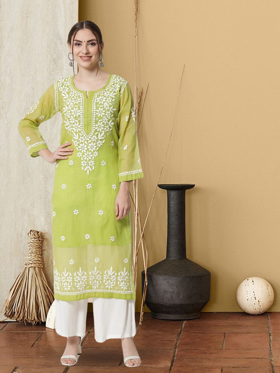 Hand Embroidered Chikankari Kota Straight Kurta With Slip-AL3540 Parrotgreen