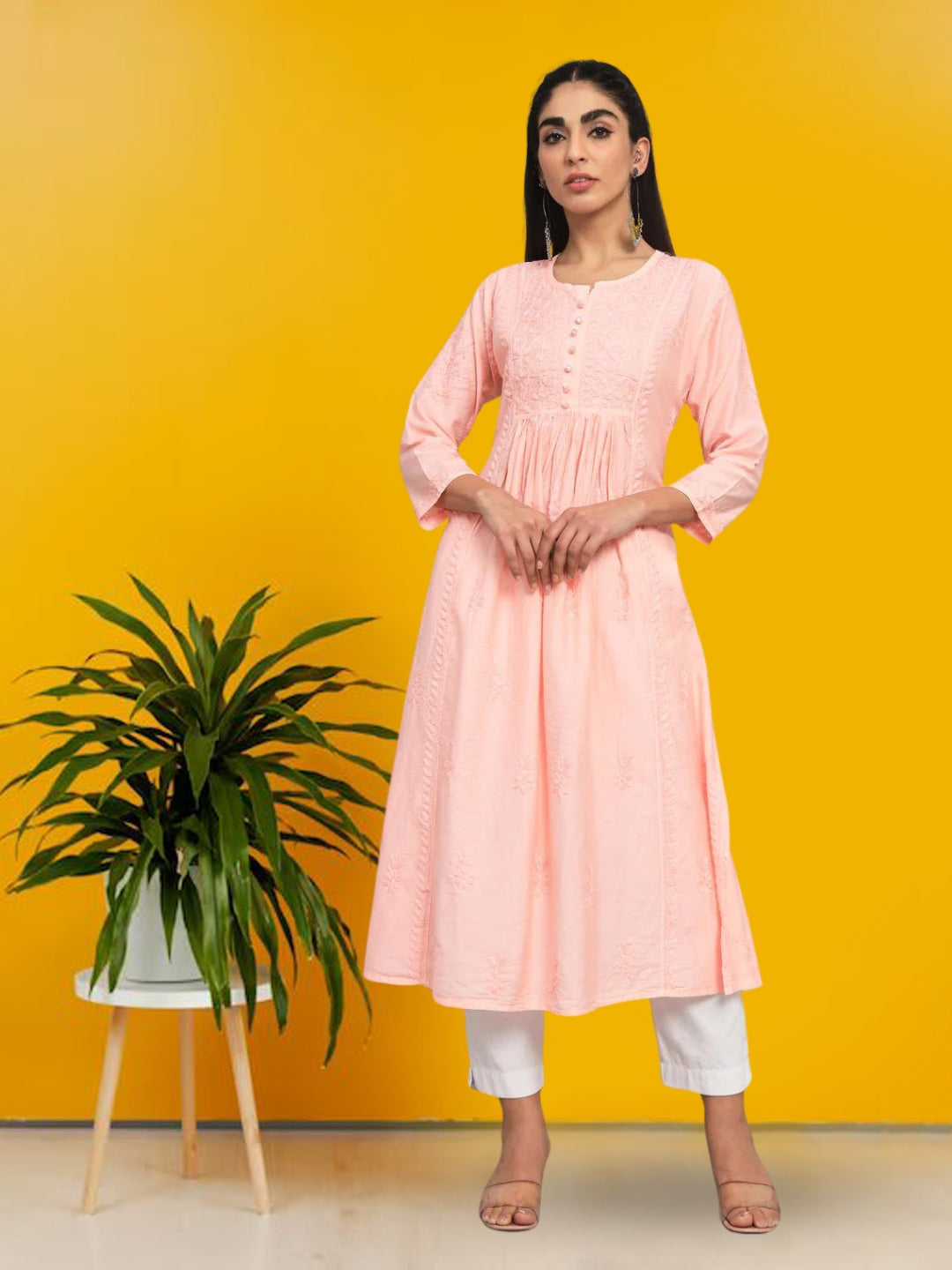 Hand embroidered floral pleated chikankari kurta AL3608 Peach
