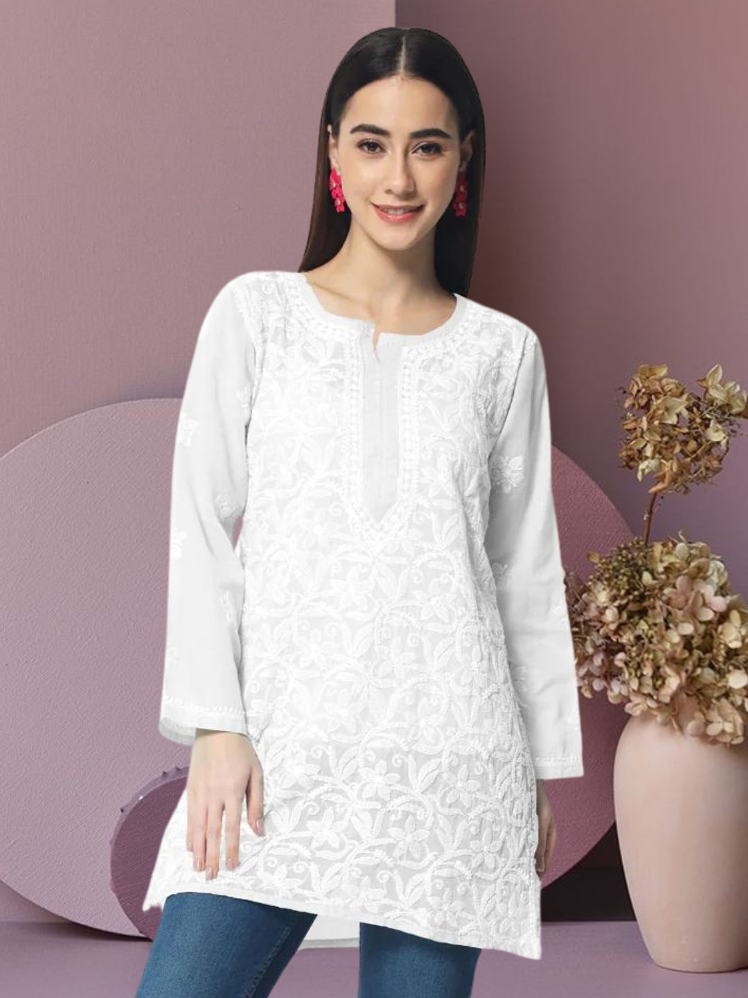 Hand Embroidered Chikankari Cotton Straight Tunic-AL3591 White