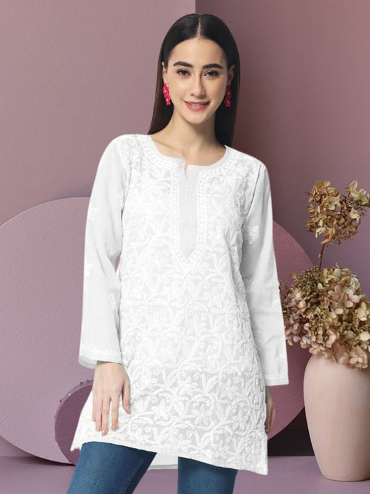 Hand Embroidered Chikankari Cotton Straight Tunic-AL3591 White