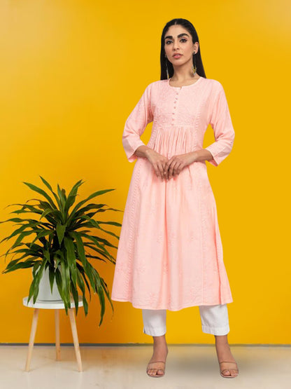 Hand embroidered floral pleated chikankari kurta AL3608