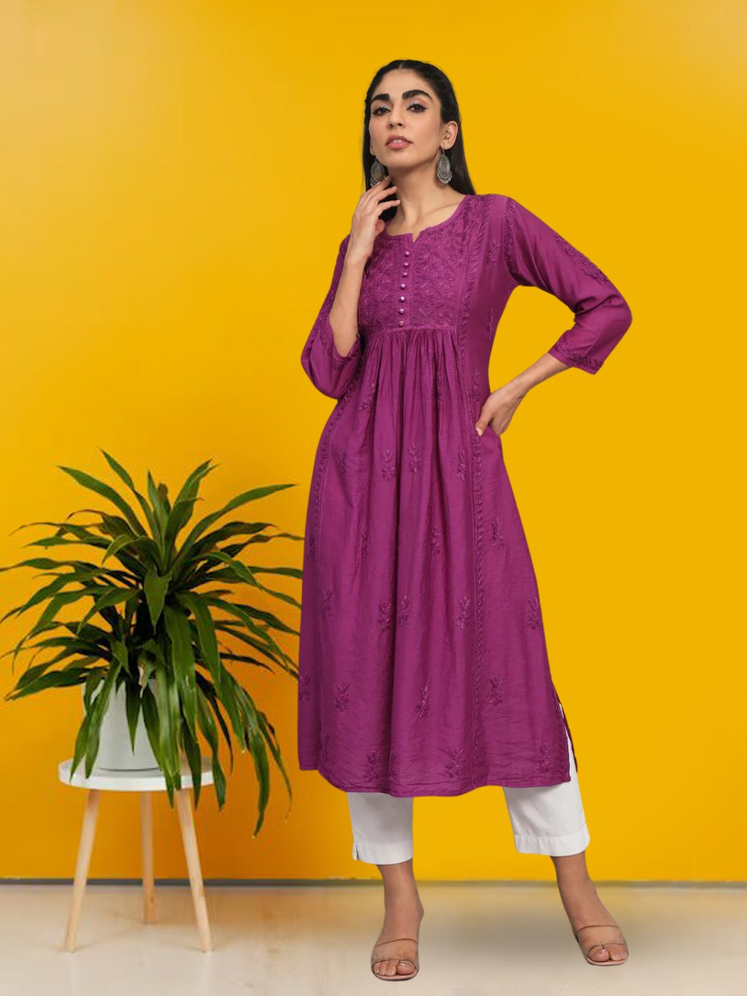 Hand embroidered floral pleated chikankari kurta AL3608 Violet