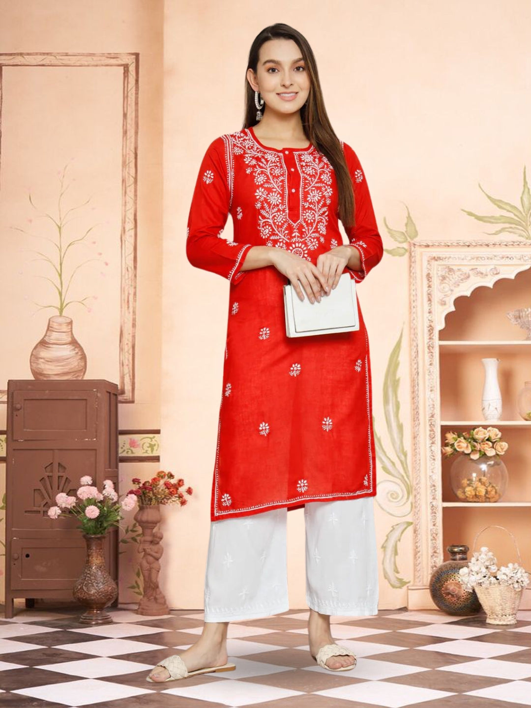Hand Embroidered Chikankari Cotton Straight Kurta -ALNTV115 Red