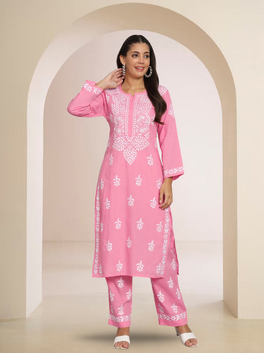Women Hand Embroidered Chikankari Cotton Kurta Set-AL3674KS Pink