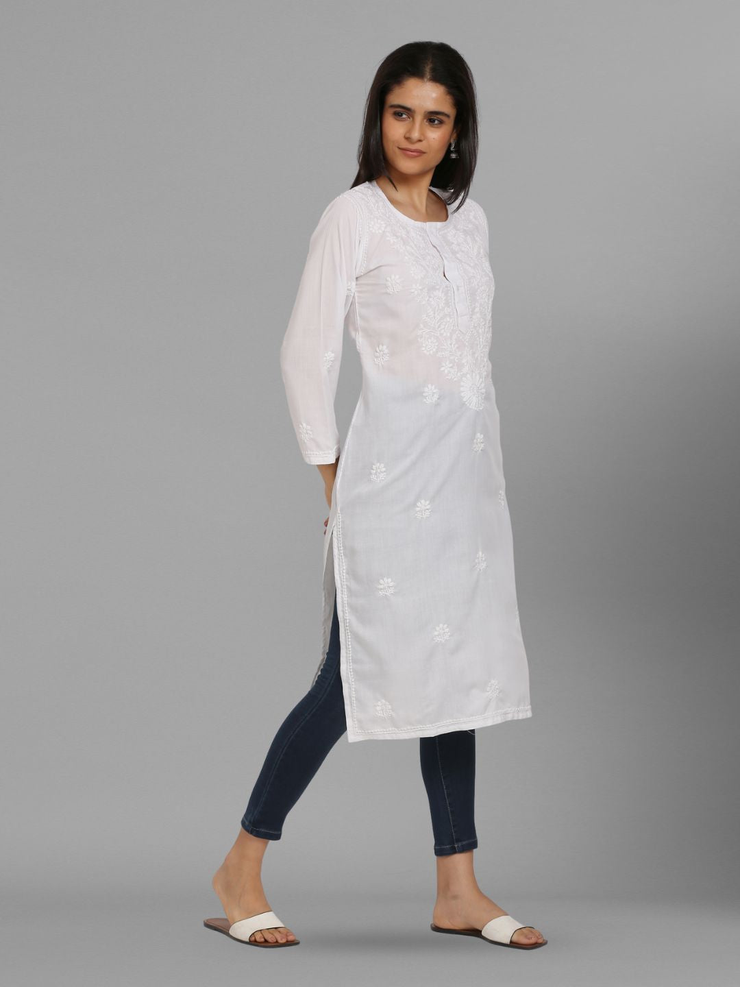 Hand Embroidered Chikankari Cotton Straight Kurta -ALNTV115 White
