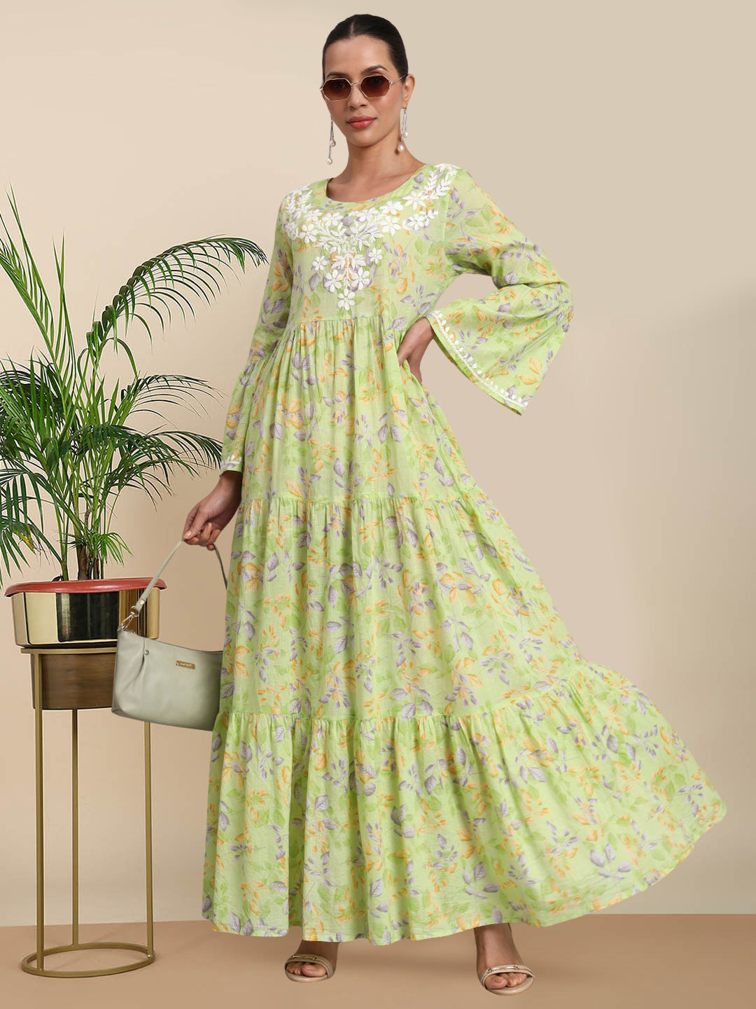 Hand Embroidered Chikankari A-Line Gathering Pattern Mulmul Cotton Jalabiya-AL3673A Green