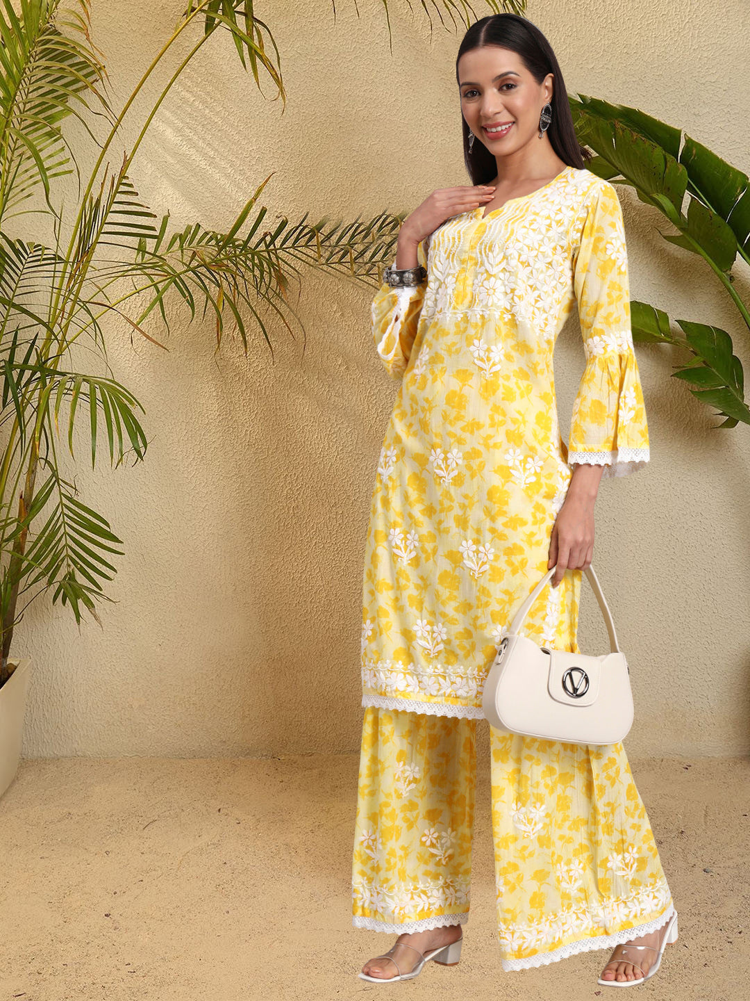 Women Hand Embroidered Chikankari Cotton Kurta Set-AL4099KS Yellow