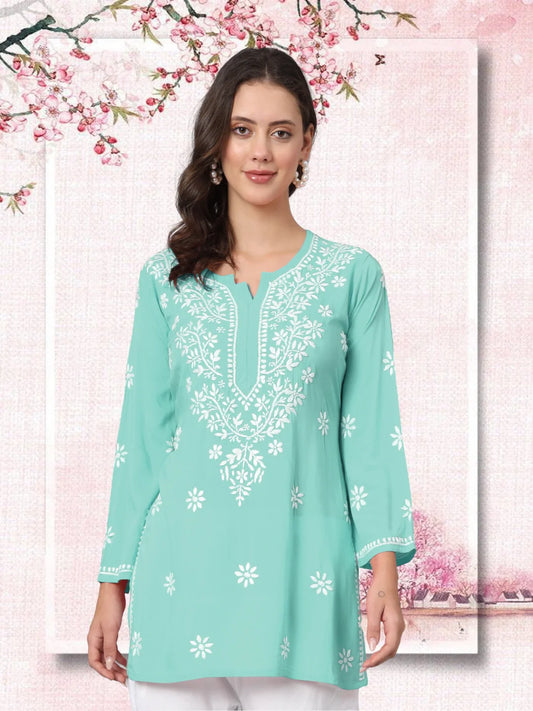 Women Hand Embroidered Chikankari Modal Kurti-AL3611 Seagreen