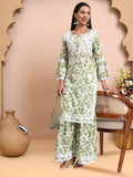 Women Hand Embroidered Chikankari Cotton Kurta Set-AL4099KS Green