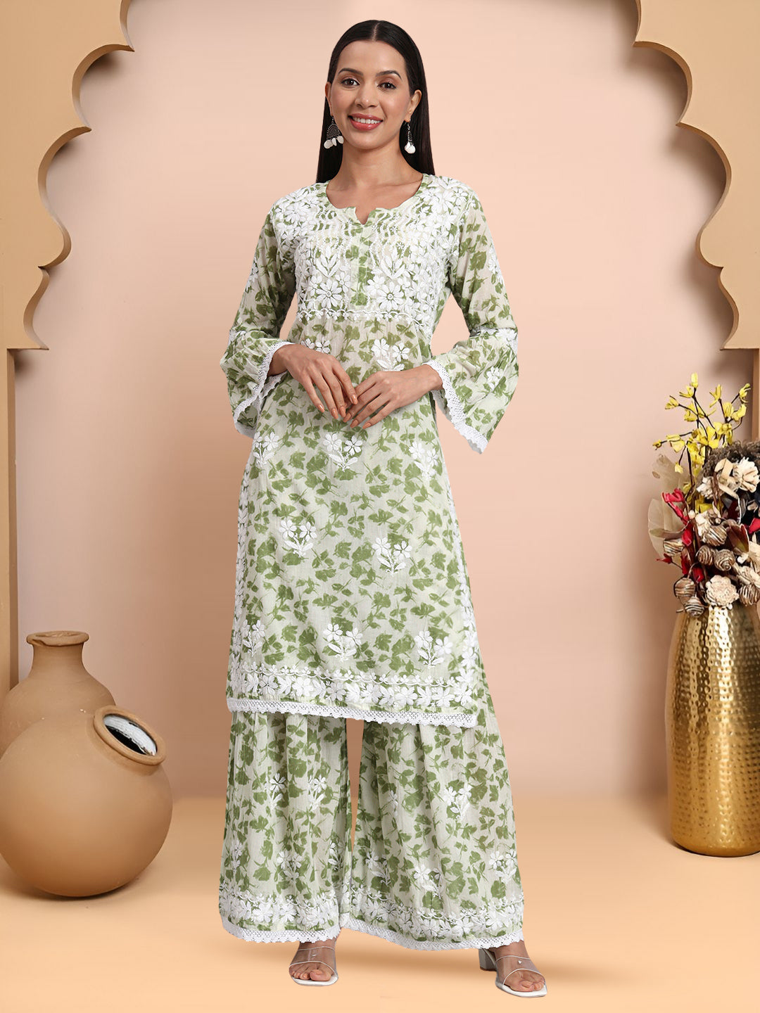Women Hand Embroidered Chikankari Cotton Kurta Set-AL4099KS Green