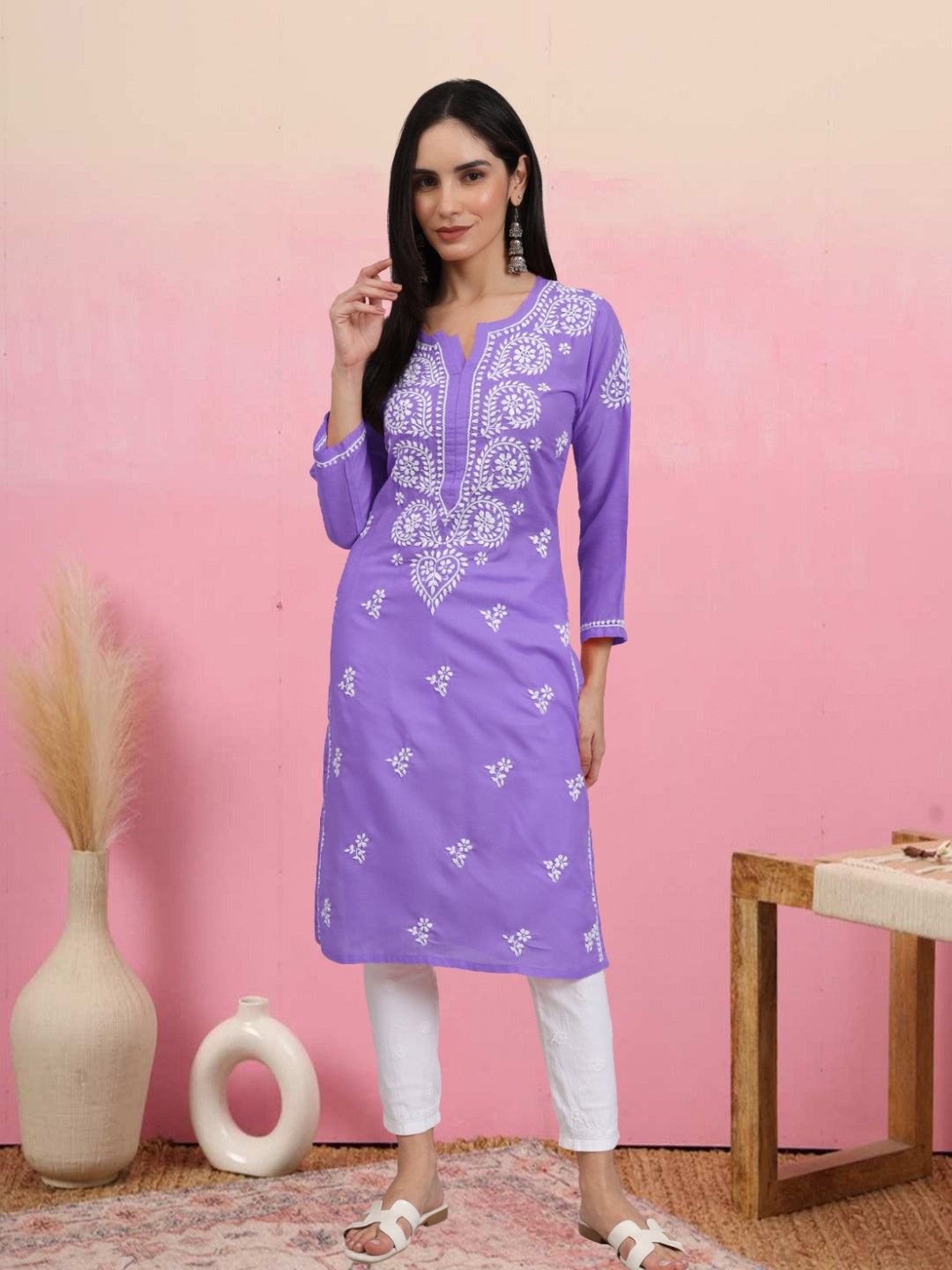Hand Embroidered Chikankari Cotton Straight Kurta-AL3997 Dark Mauve