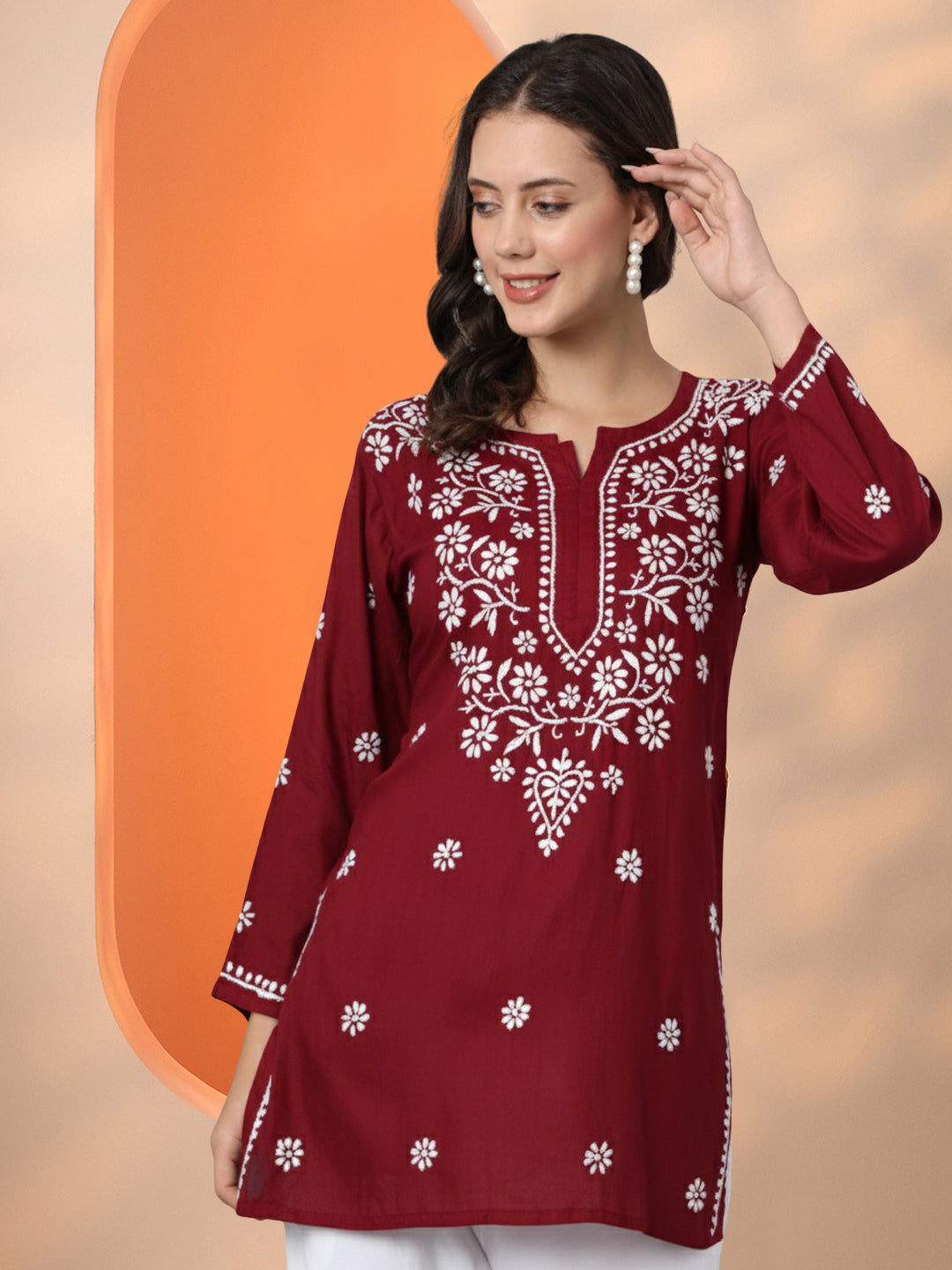 Women Hand Embroidered Modal Chikankari Kurti-AL3611 Maroon