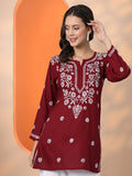 Women Hand Embroidered Modal Chikankari Kurti-AL3611 Maroon