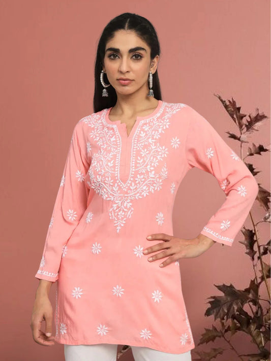 Women Hand Embroidered Chikankari Modal Kurti-AL3611 Peach