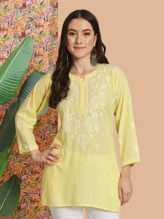 Women Hand Embroidered Chikankari Modal Kurti-AL3611 Yellow