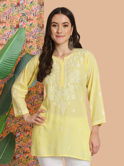 Women Hand Embroidered Chikankari Modal Kurti-AL3611 Yellow