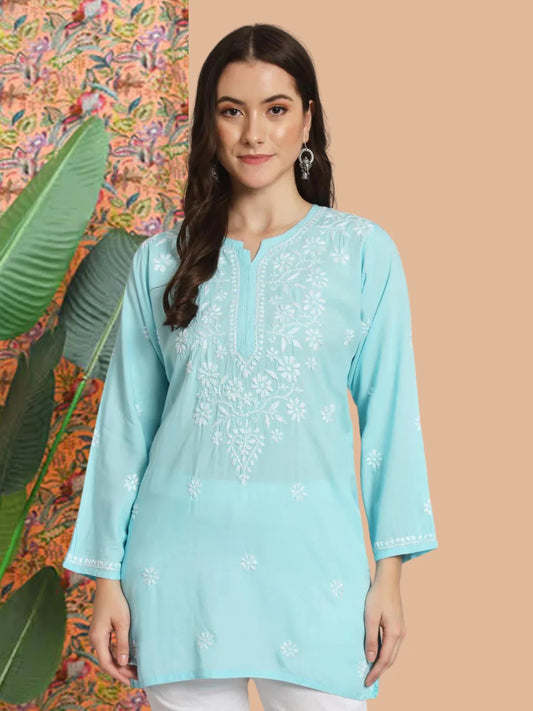 Women Hand Embroidered Chikankari Modal Kurti-AL3611 Sky Blue