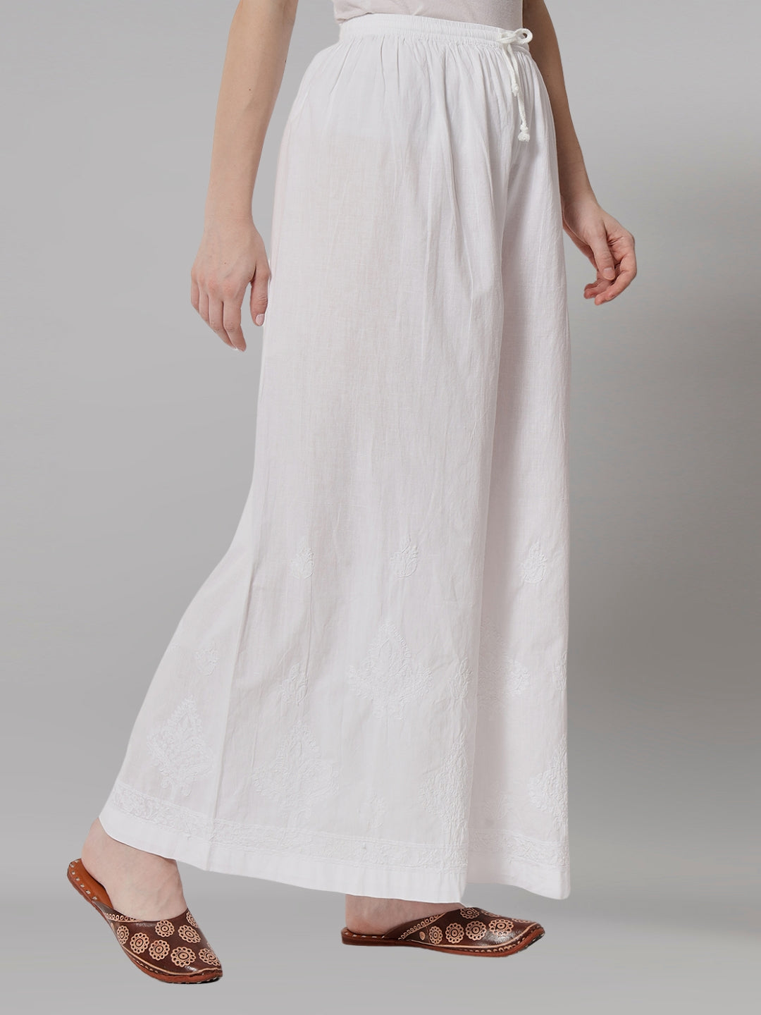 Hand Embroidered Chikankari Women White Pant-AL3570