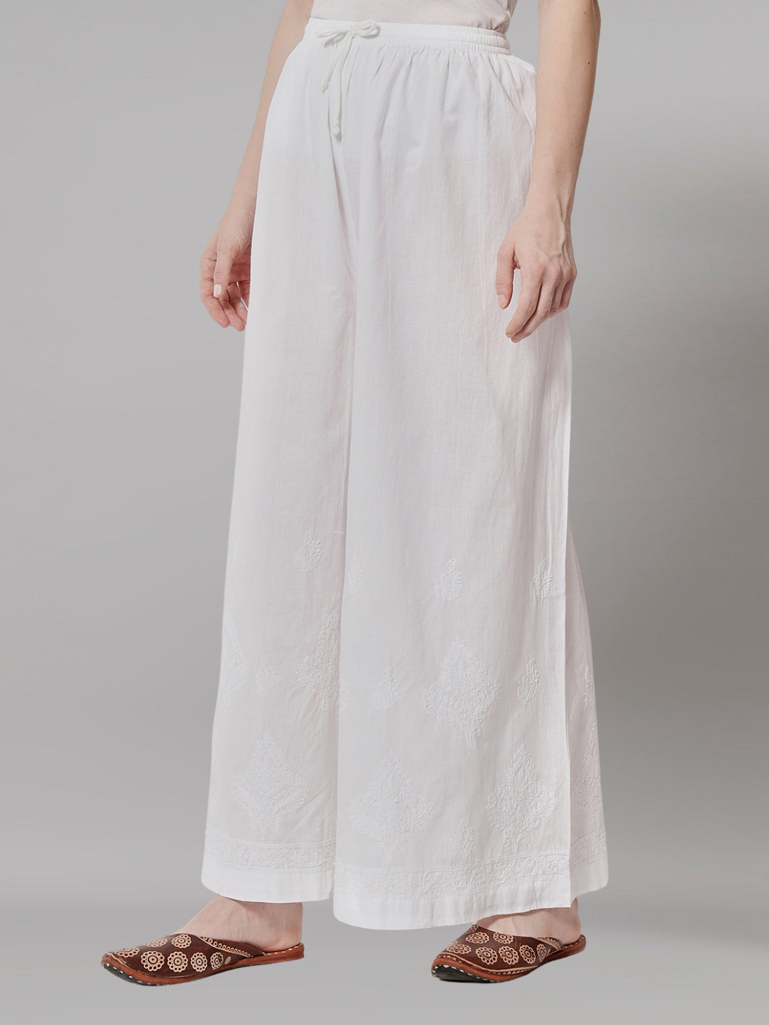 Hand Embroidered Chikankari Women White Pant-AL3570