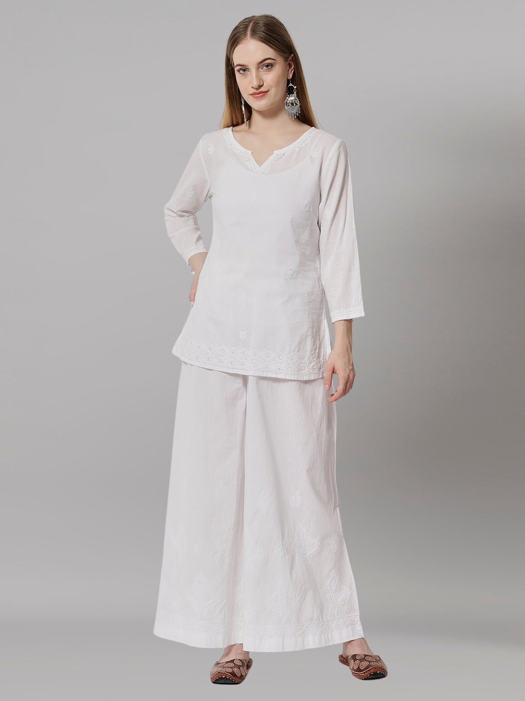 Hand Embroidered Chikankari Women White Pant-AL3570