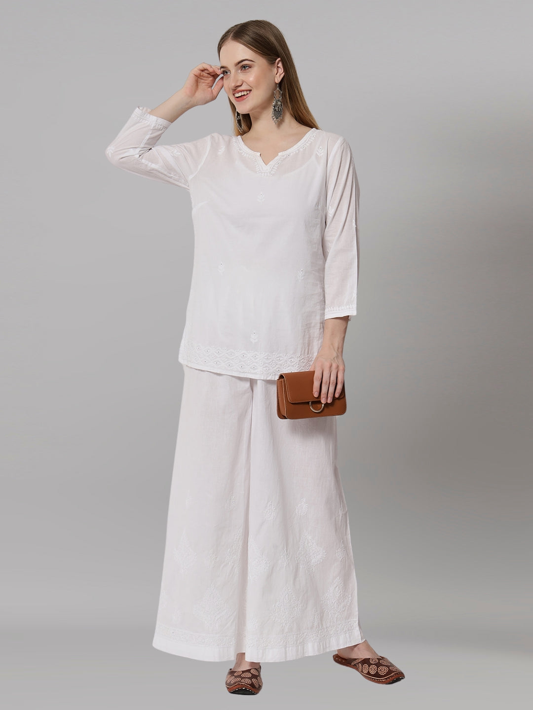 Hand Embroidered Chikankari Women White Pant-AL3570