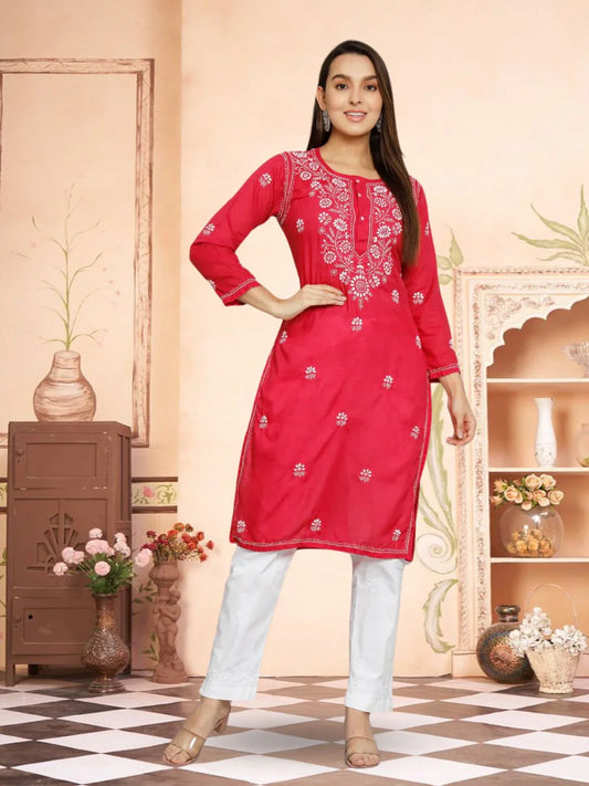 Hand Embroidered Chikankari Cotton Straight Kurta -ALNTV115 Hotpink