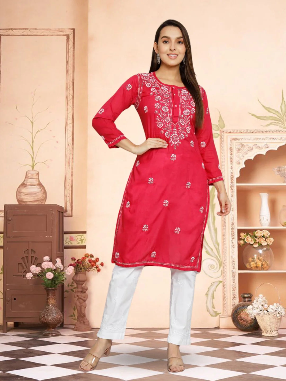 Hand Embroidered Chikankari Cotton Straight Kurti-ALNTV115