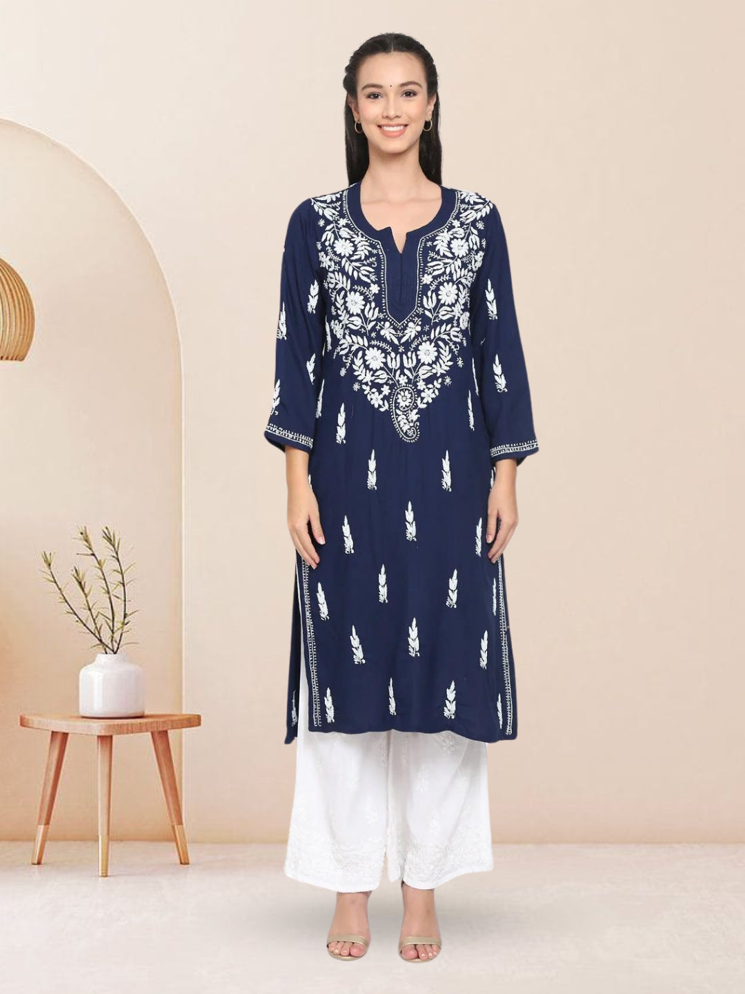 Hand Embroidered Chikankari Rayon Straight Kurta-AL3451 Navy