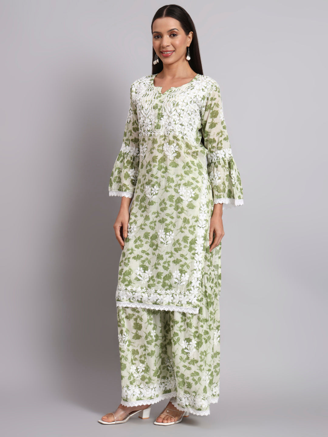 Women Hand Embroidered Chikankari Cotton Kurta Set-AL4099KS Green