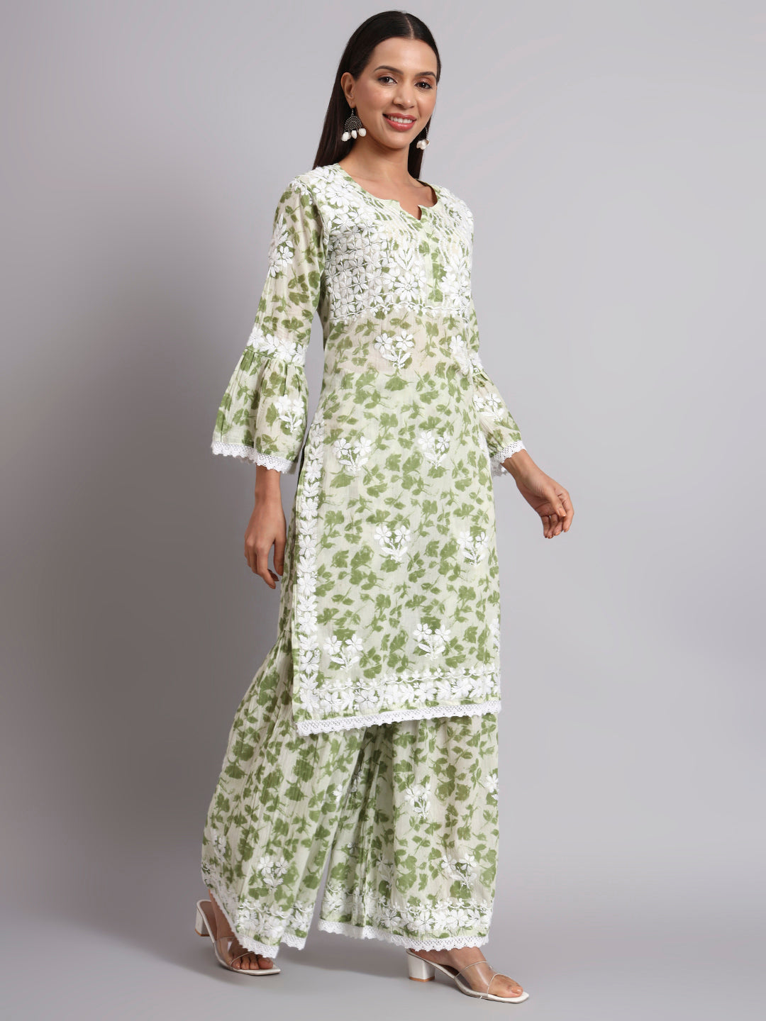Women Hand Embroidered Chikankari Cotton Kurta Set-AL4099KS Green