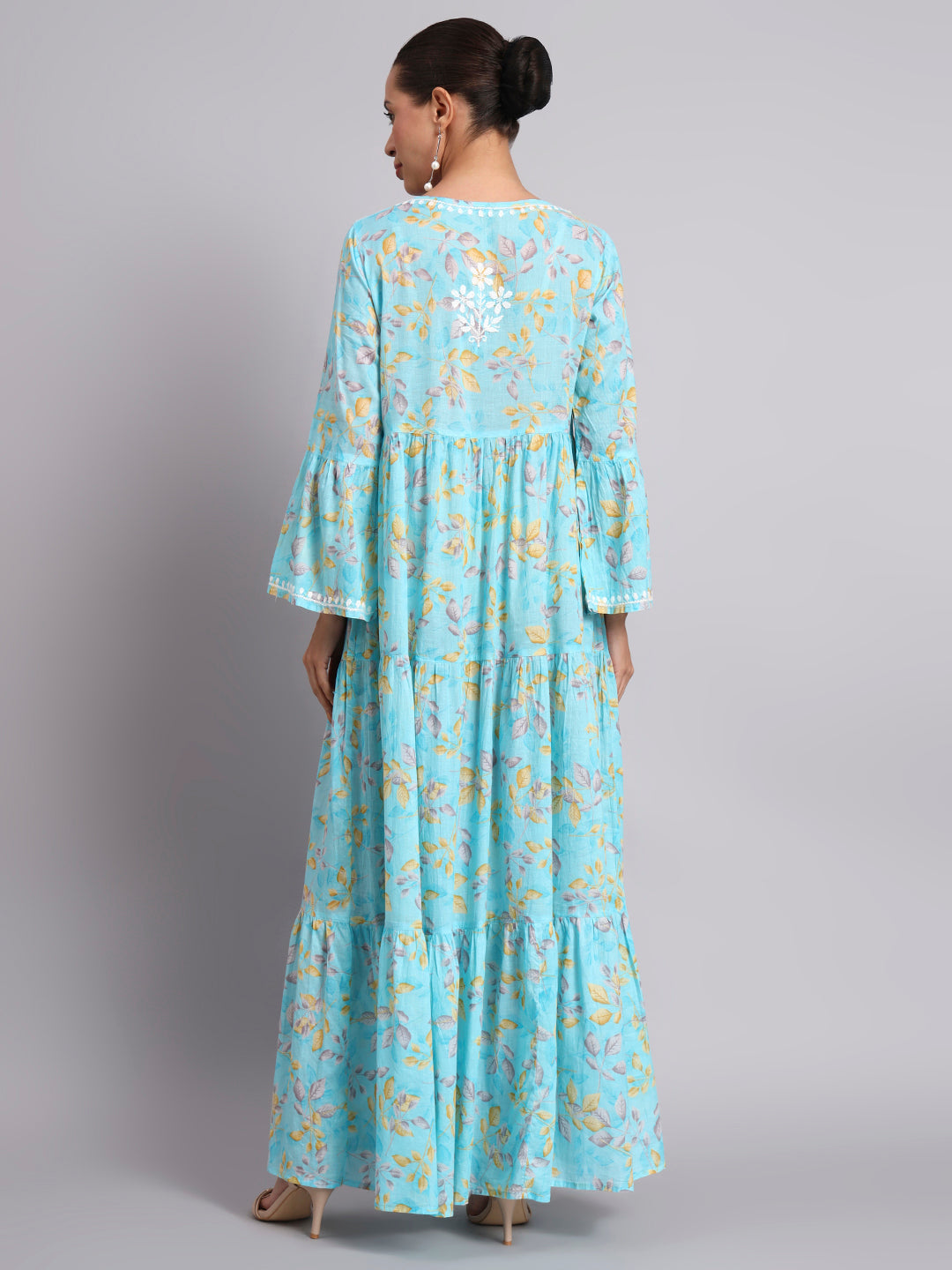 Hand Embroidered Chikankari A-Line Gathering Pattern Mulmul Cotton Jalabiya-AL3673A Blue