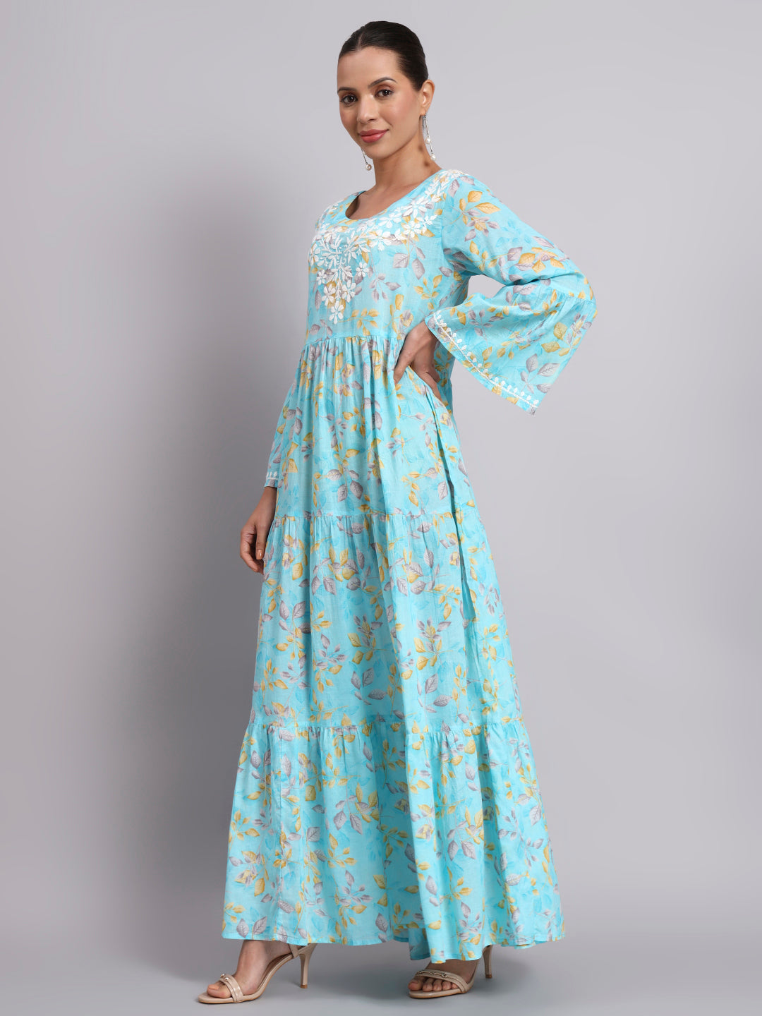 Hand Embroidered Chikankari A-Line Gathering Pattern Mulmul Cotton Jalabiya-AL3673A Blue