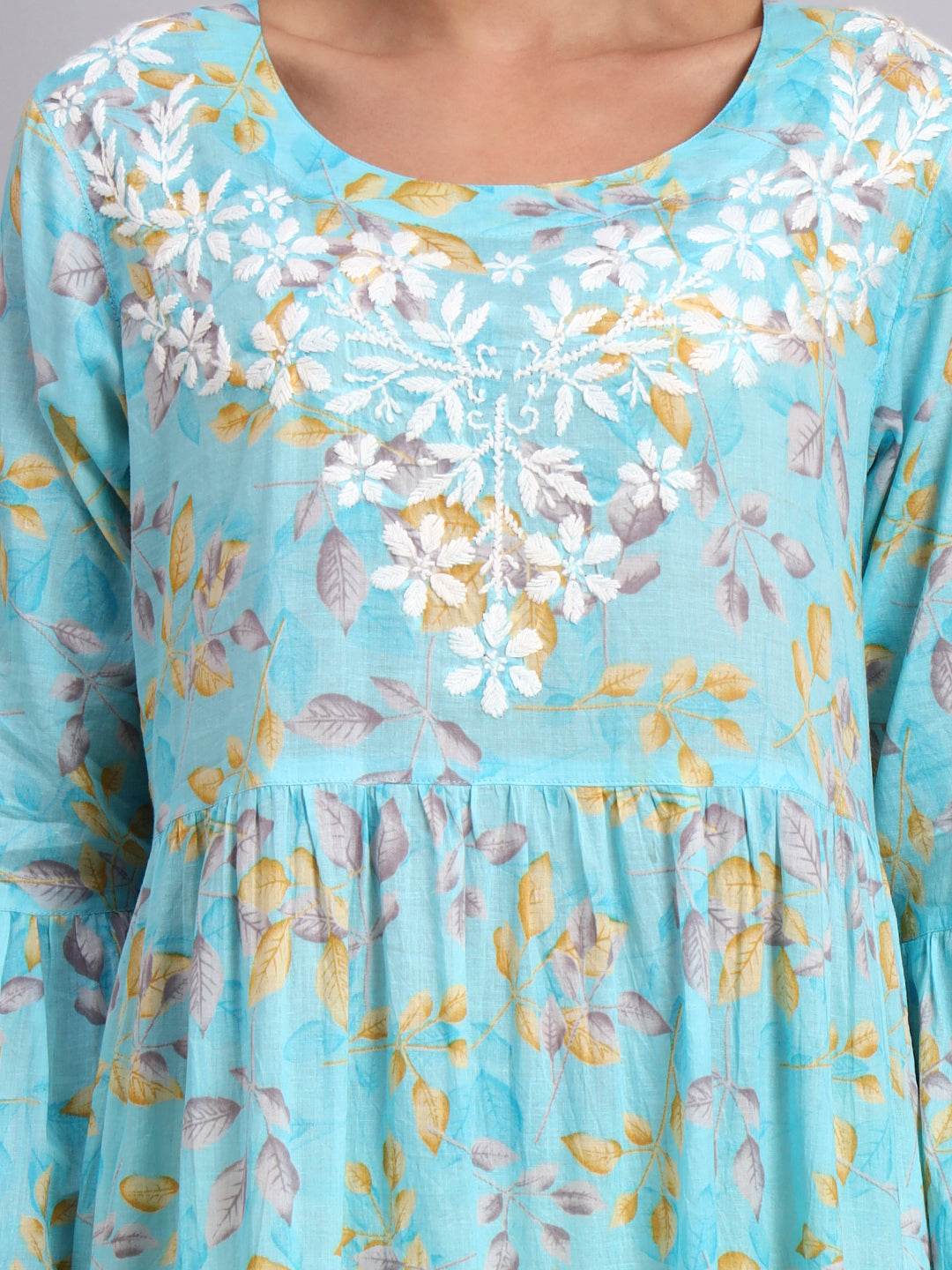Hand Embroidered Chikankari A-Line Gathering Pattern Mulmul Cotton Jalabiya-AL3673A Blue
