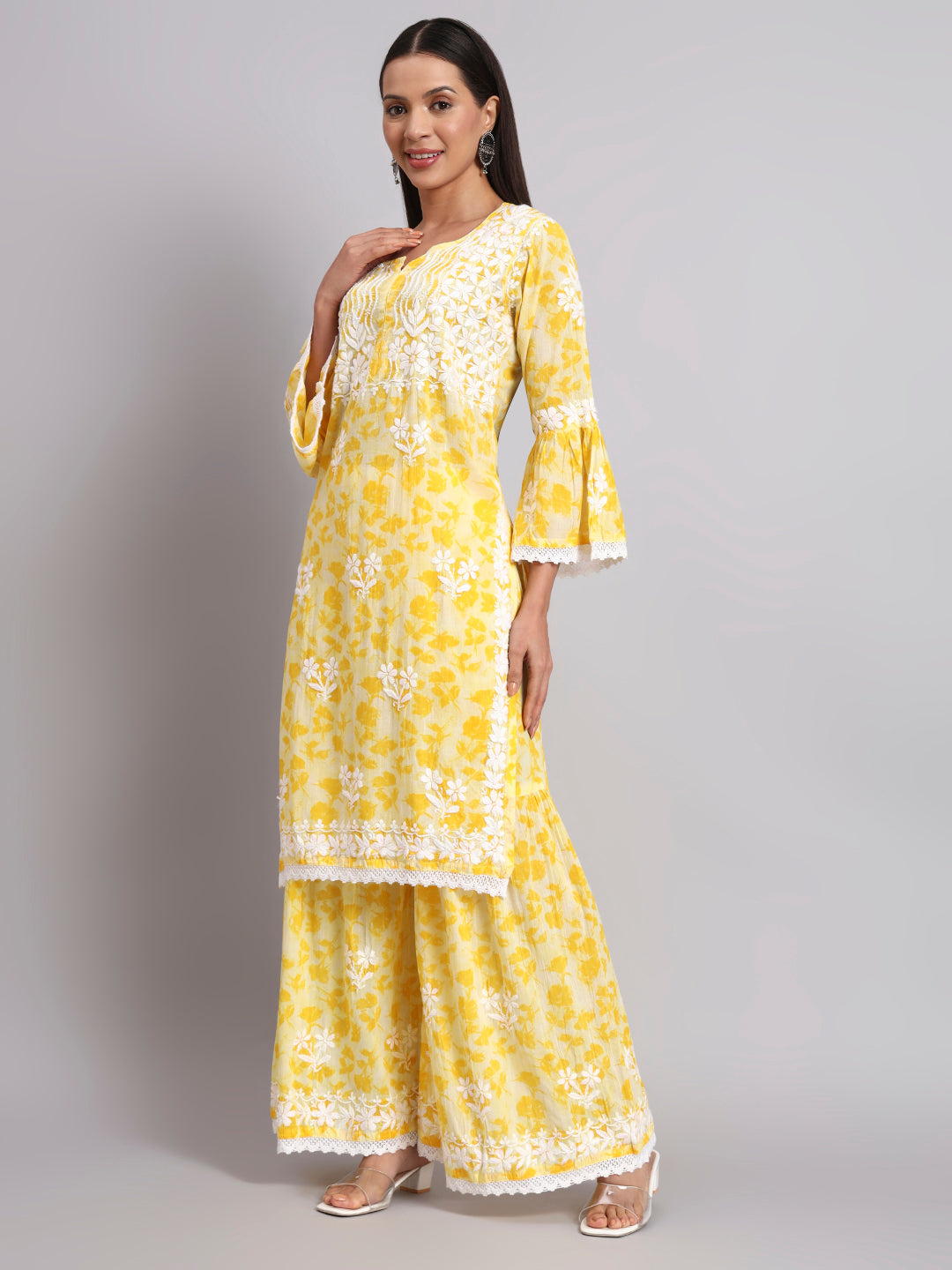 Women Hand Embroidered Chikankari Cotton Kurta Set-AL4099KS Yellow