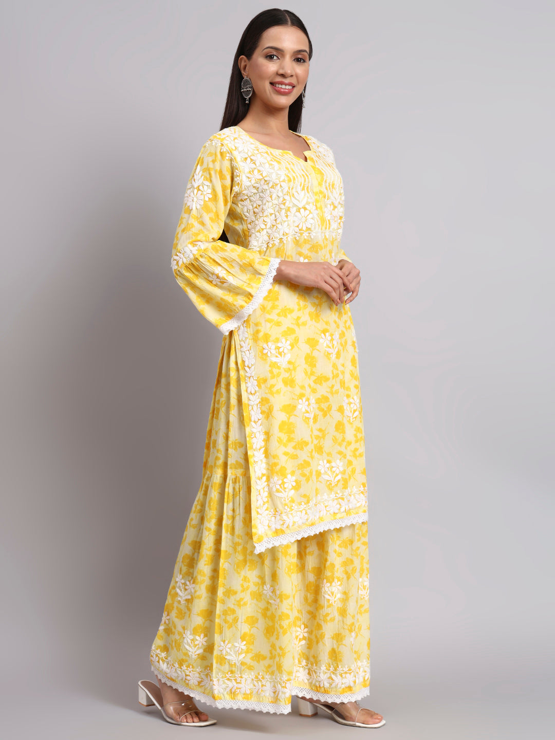 Women Hand Embroidered Chikankari Cotton Kurta Set-AL4099KS Yellow