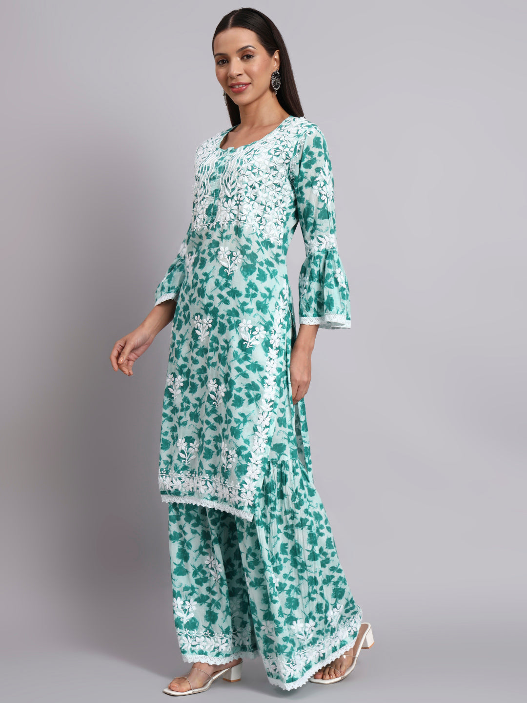 Women Hand Embroidered Chikankari Cotton Kurta Set-AL4099KS Rama Green