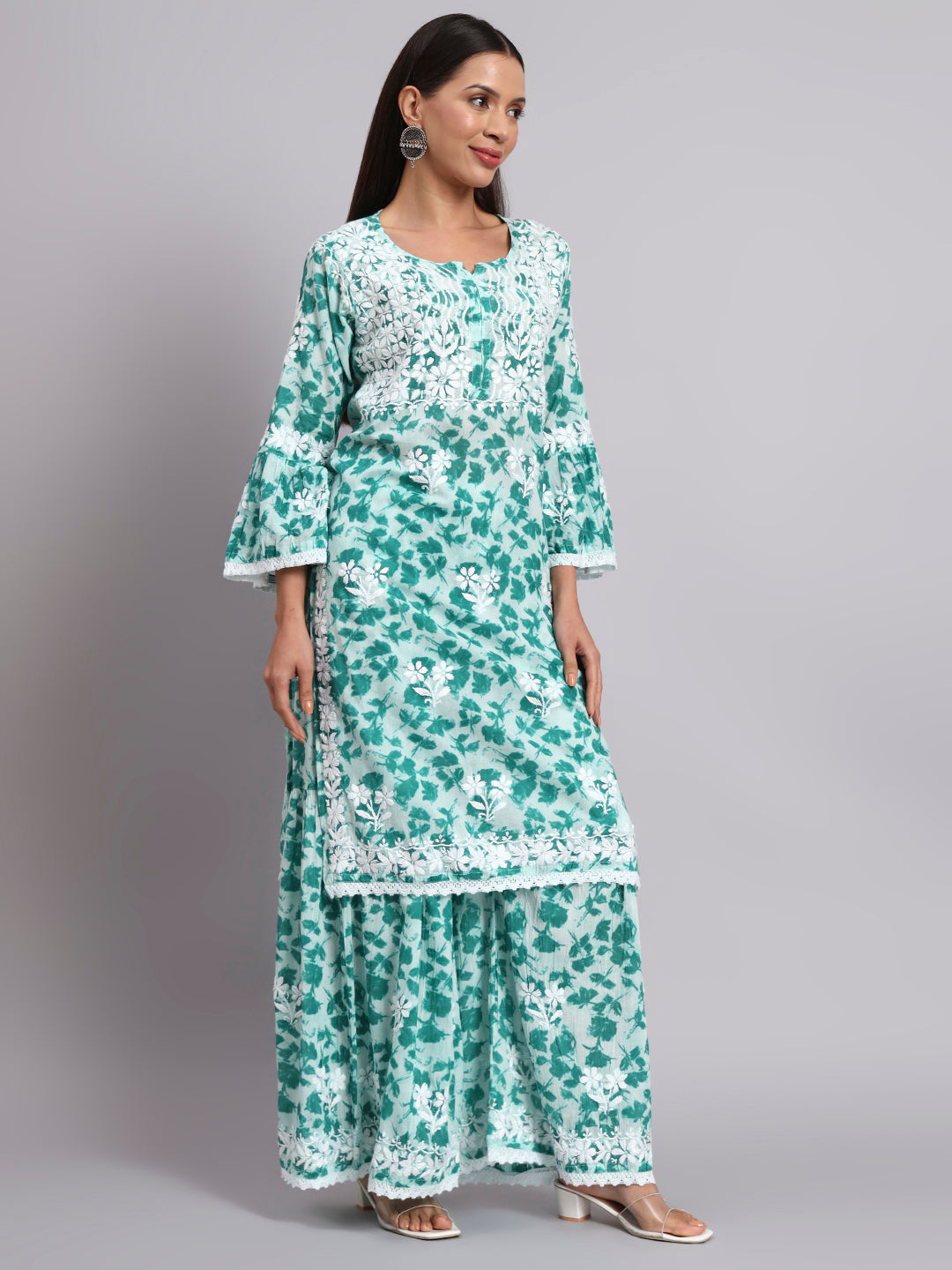 Women Hand Embroidered Chikankari Cotton Kurta Set-AL4099KS Rama Green